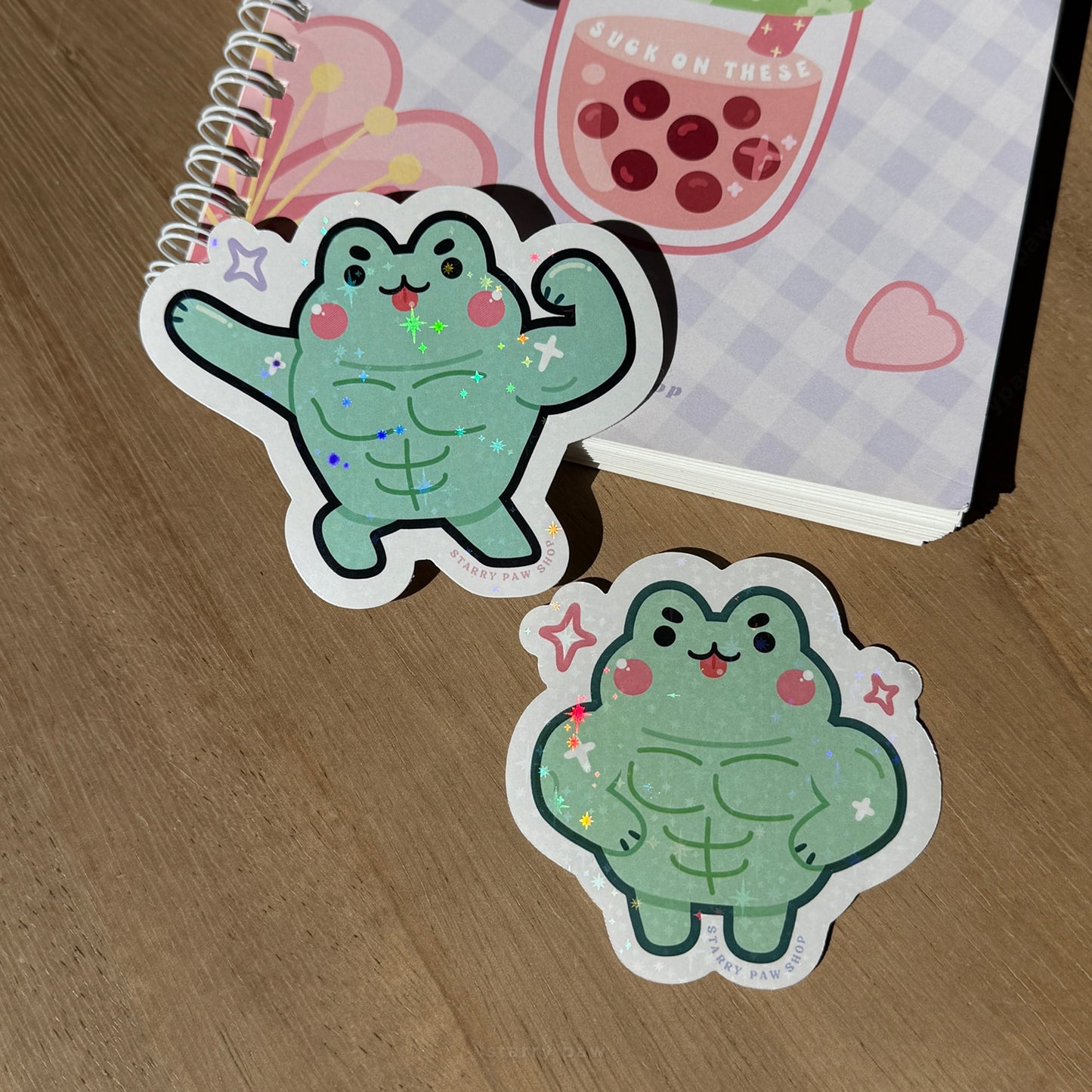 Buff Green Frog Stickers 3" sparkly water resistant