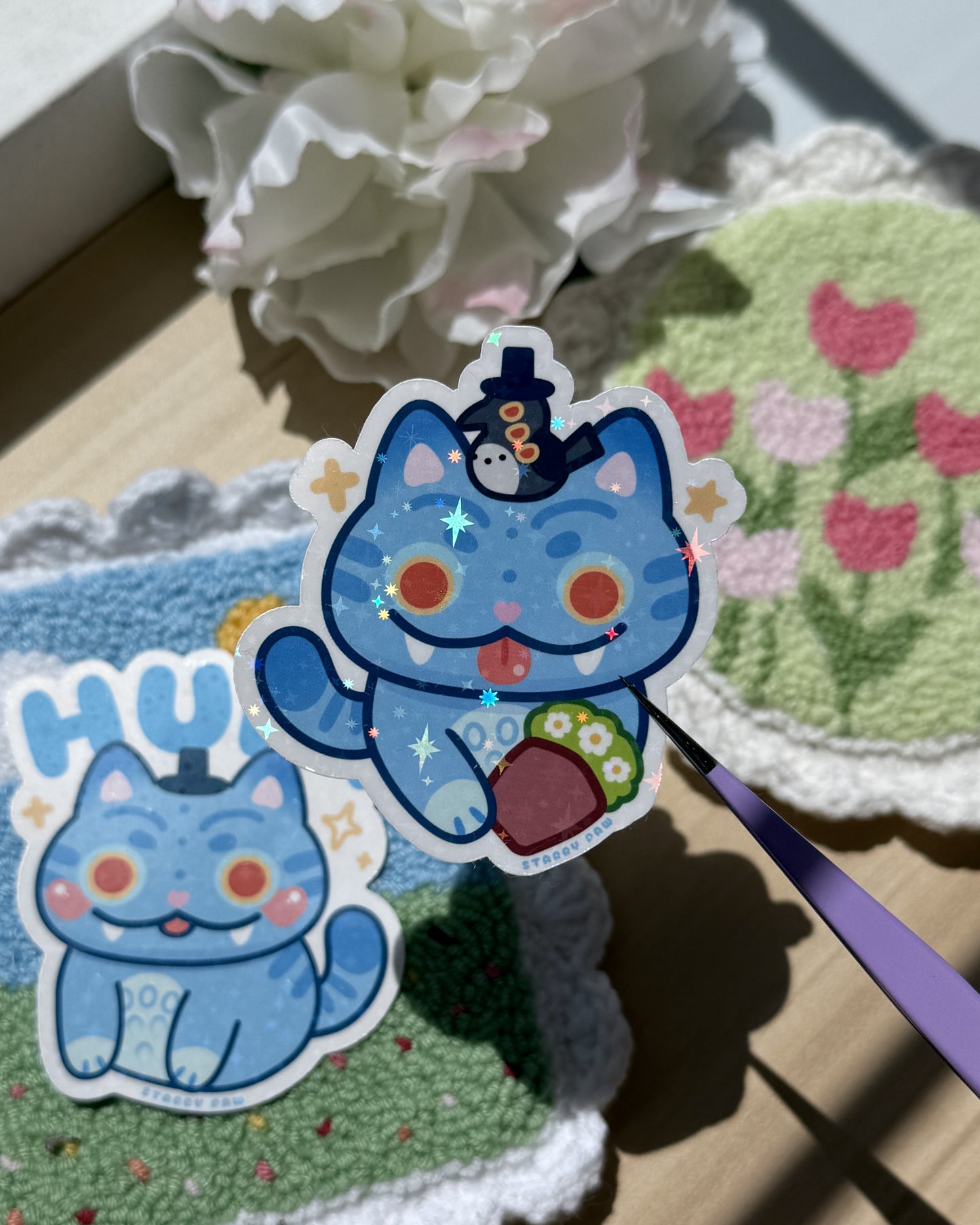Derpy Blue Tiger HUH meme sticker| 3” sparkly waterproof
