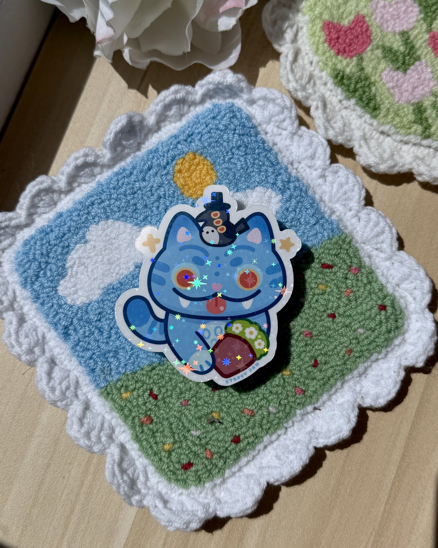 Derpy Blue Tiger HUH meme sticker| 3” sparkly waterproof