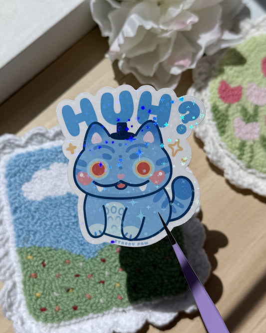 Derpy Blue Tiger HUH meme sticker| 3” sparkly waterproof