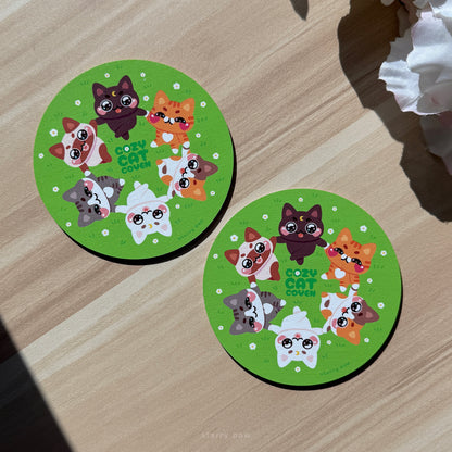 Flower Field V1 White Daisy Cats Wood Coaster | 4" Water-resistant Round Circle