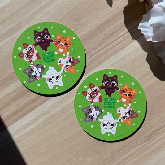 Flower Field V1 White Daisy Cats Wood Coaster | 4" Water-resistant Round Circle