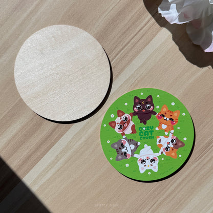 Flower Field V1 White Daisy Cats Wood Coaster | 4" Water-resistant Round Circle