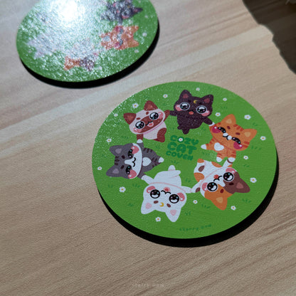 Flower Field V1 White Daisy Cats Wood Coaster | 4" Water-resistant Round Circle