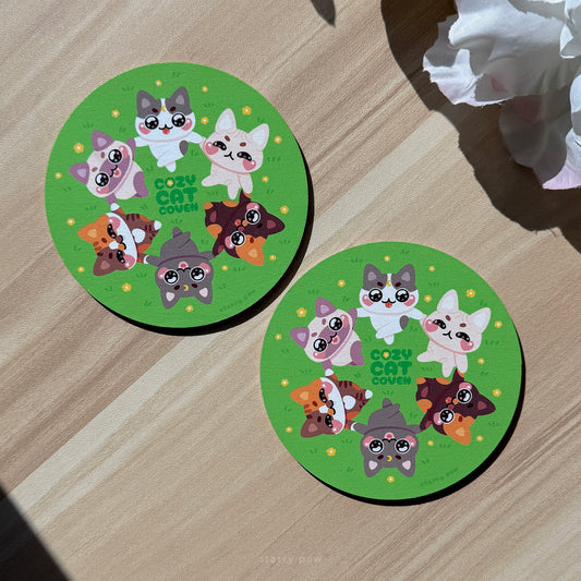 Flower Field V2 Yellow Flower Cats Wood Coaster | 4" Water-resistant Round Circle