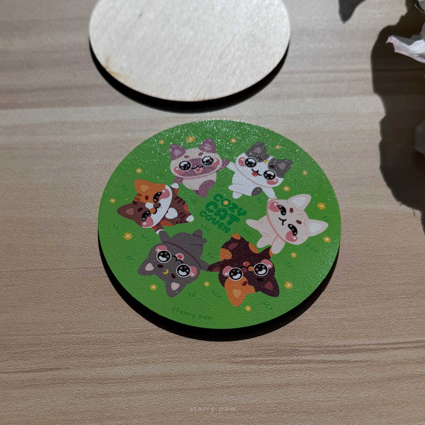 Flower Field V2 Yellow Flower Cats Wood Coaster | 4" Water-resistant Round Circle