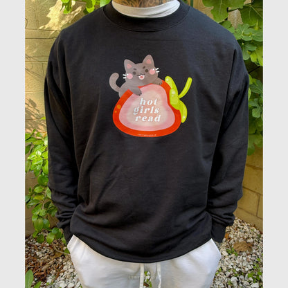 Hot Girls Read Strawberry Cat Sweatshirt S-5XL | Black / Tan / Pink