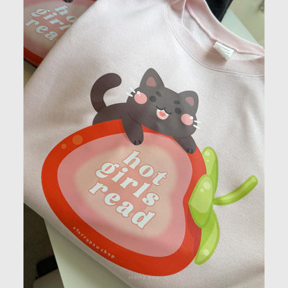 Hot Girls Read Strawberry Cat Sweatshirt S-5XL | Black / Tan / Pink