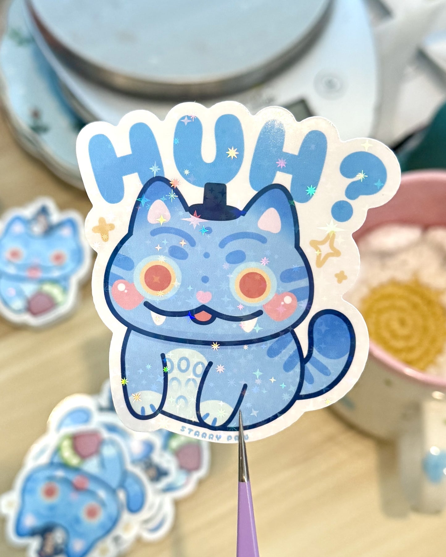 Derpy Blue Tiger HUH meme sticker| 3” sparkly waterproof