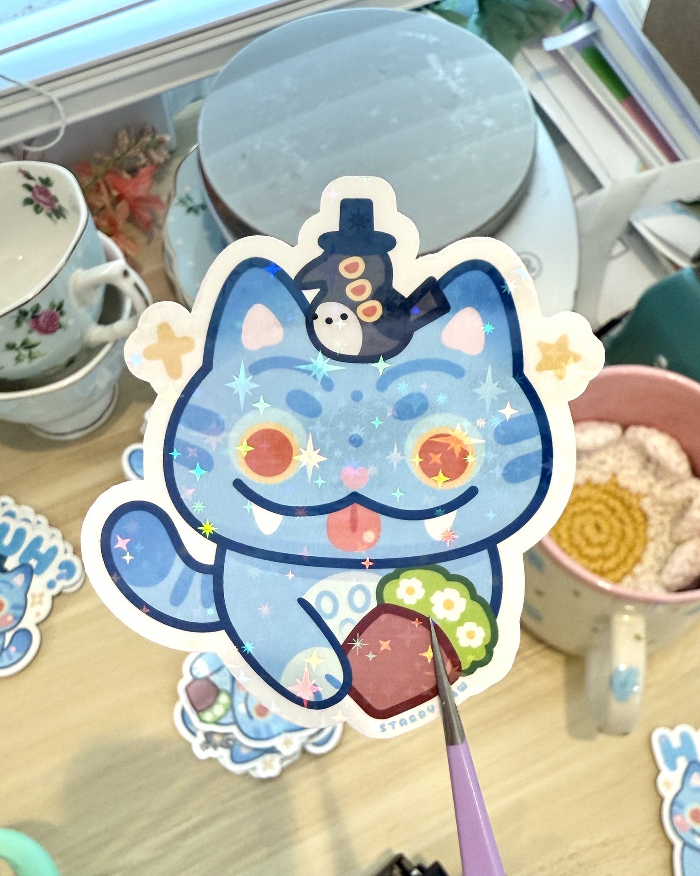 Derpy Blue Tiger HUH meme sticker| 3” sparkly waterproof