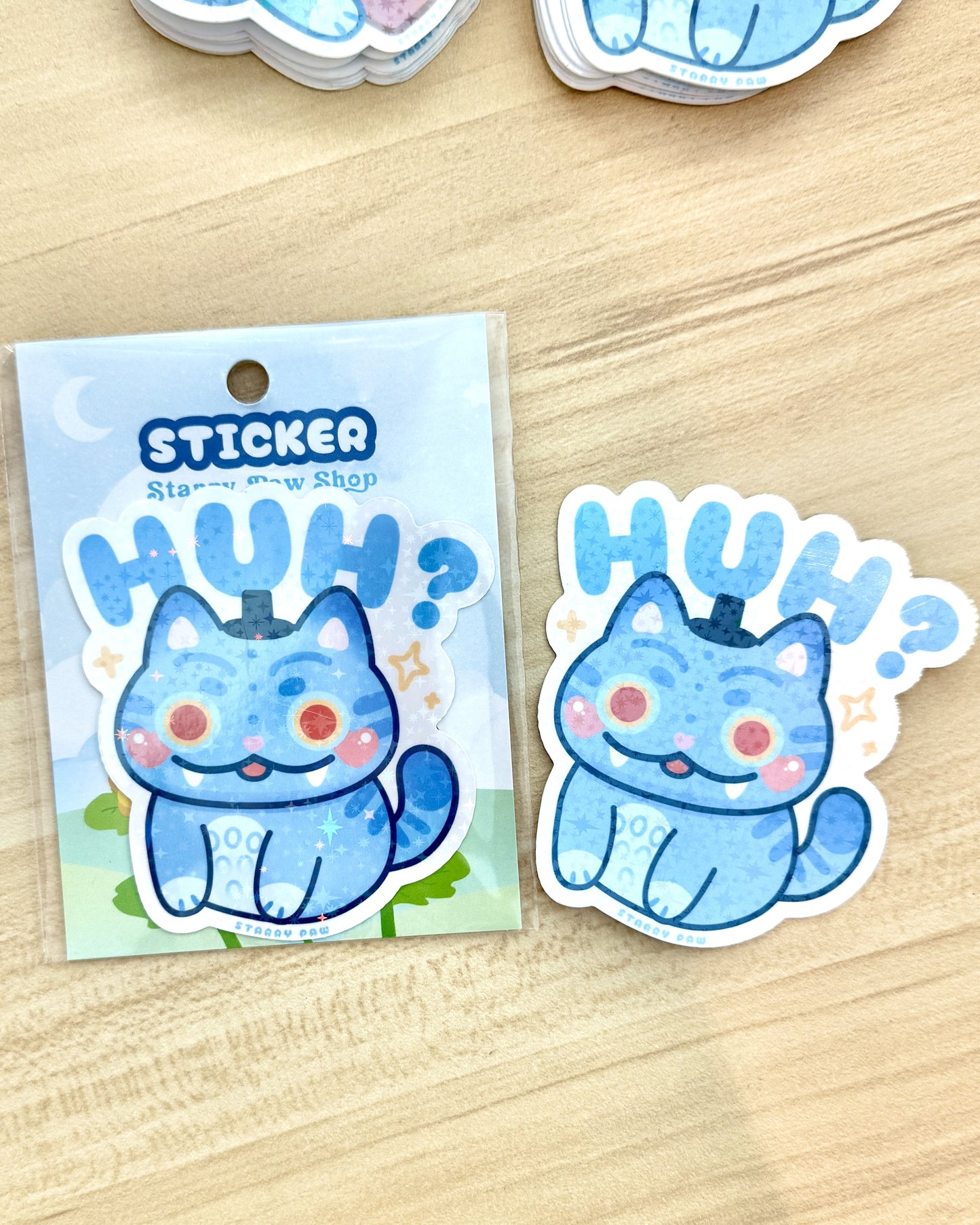 Derpy Blue Tiger HUH meme sticker| 3” sparkly waterproof