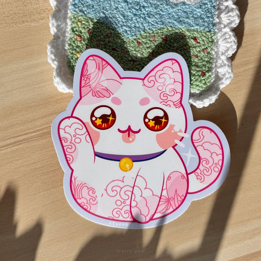Pink Lucky Cat Car Sticker 5" UV Weatherproof vinyl sticker
