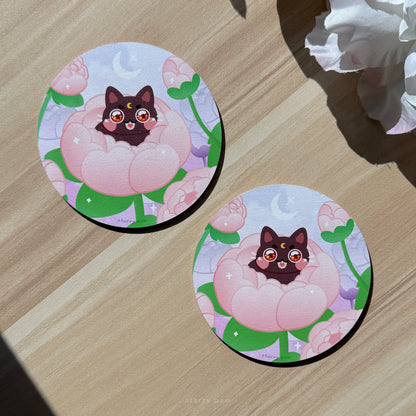 Peony Flower Black Cat Wood Coaster 4" Water-resistant Round Circle