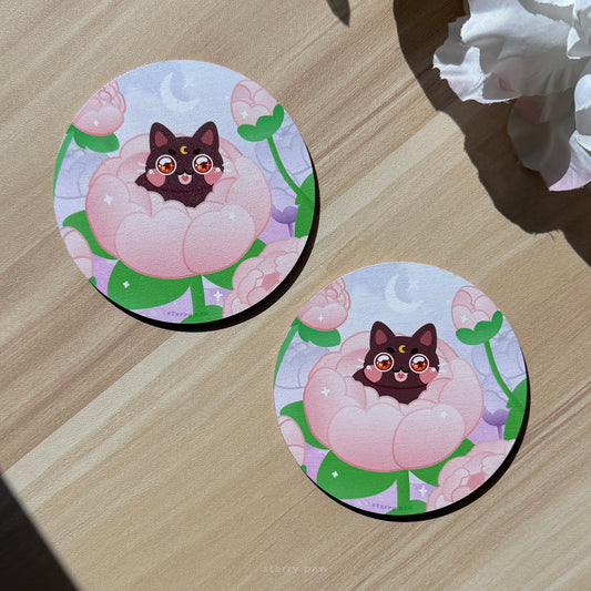 Peony Flower Black Cat Wood Coaster 4" Water-resistant Round Circle
