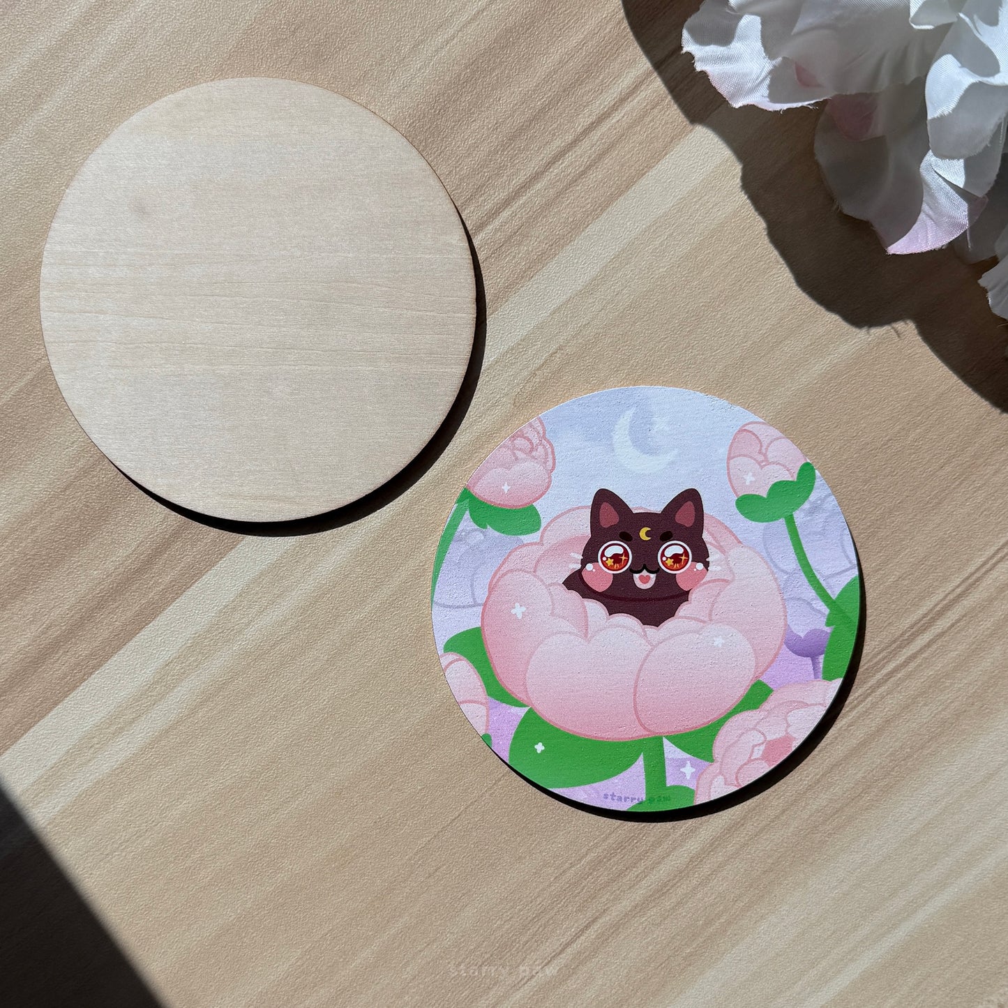 Peony Flower Black Cat Wood Coaster 4" Water-resistant Round Circle