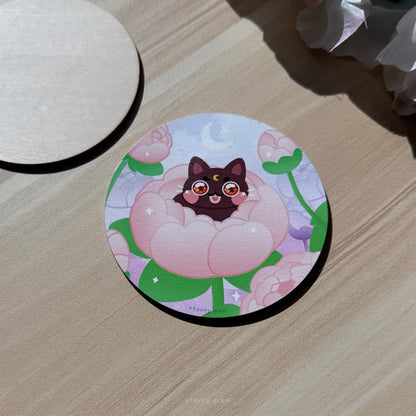 Peony Flower Black Cat Wood Coaster 4" Water-resistant Round Circle