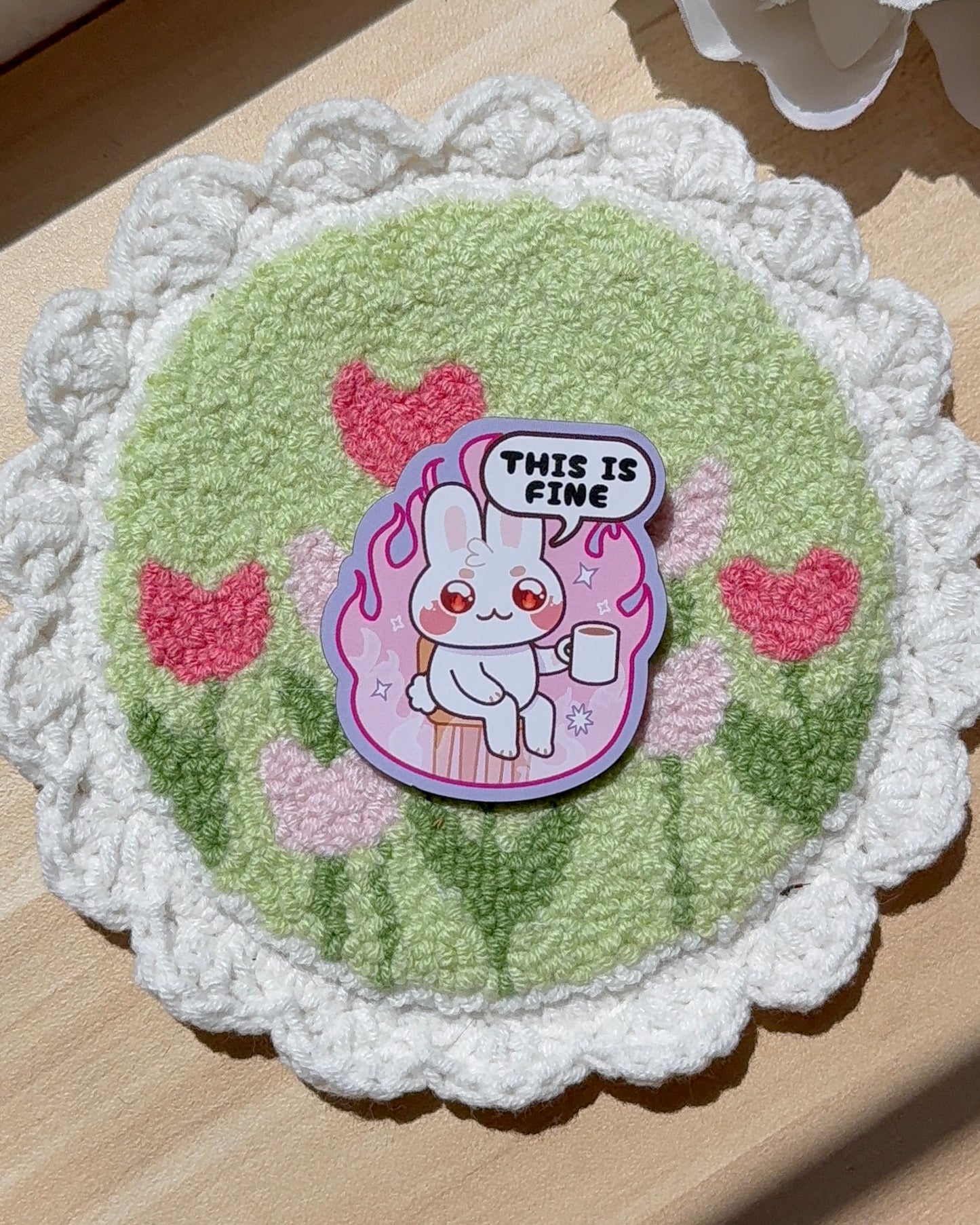 White Bunny This is Fine 2" Wood Pin