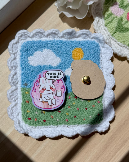 White Bunny This is Fine 2" Wood Pin