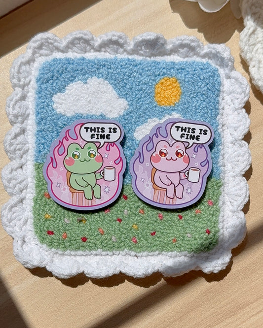 Wood Pin: Pink/Green Frog This is Fine 2" Pin