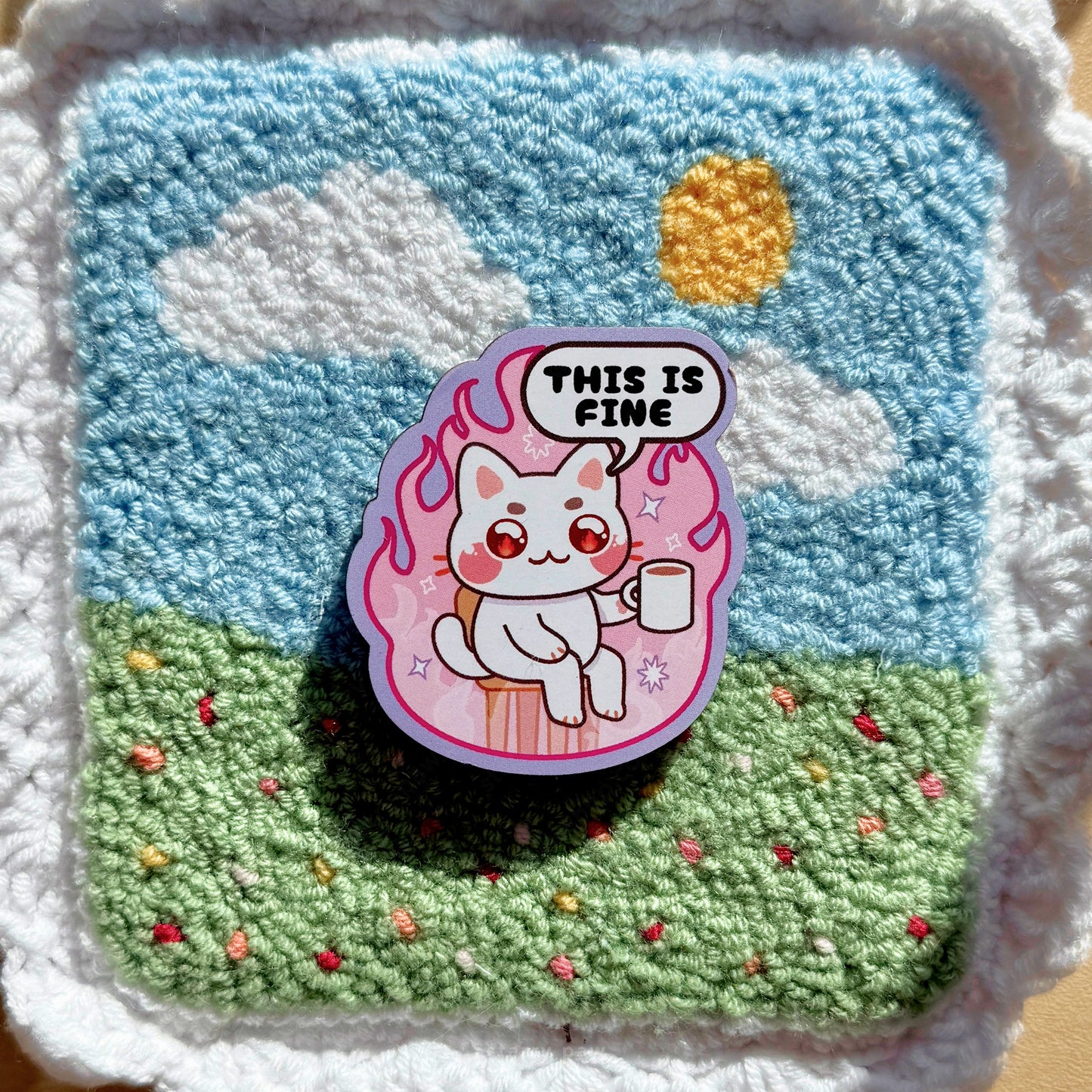White Cat This is Fine 2" Wood Pin