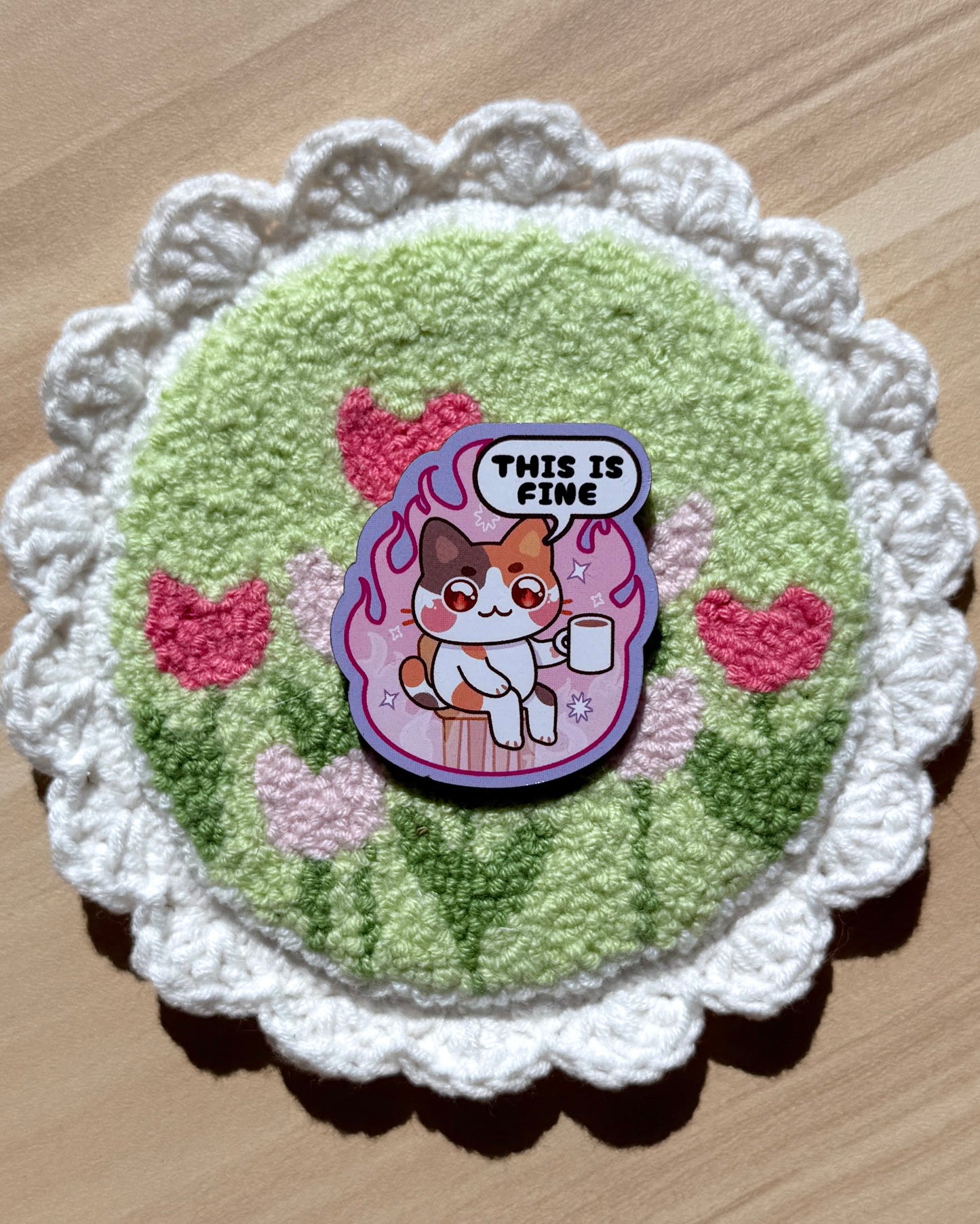 Calico Cat This is Fine 2" Wood Pin