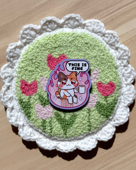 Calico Cat This is Fine 2" Wood Pin