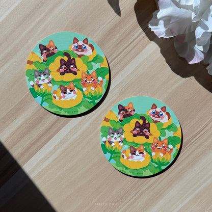 Sunflower Cats Wood Coaster | 4" Water-resistant Round Circle