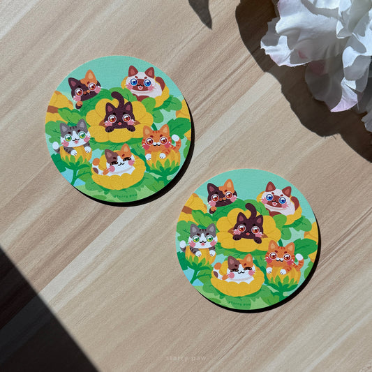 Sunflower Cats Wood Coaster | 4" Water-resistant Round Circle