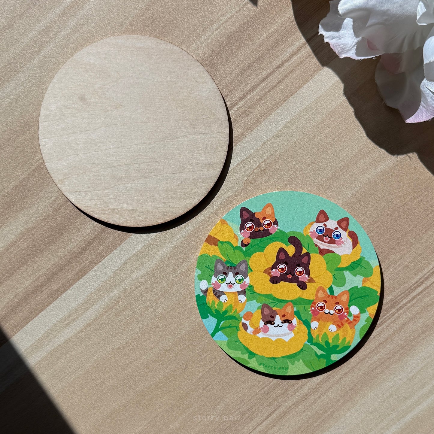 Sunflower Cats Wood Coaster | 4" Water-resistant Round Circle