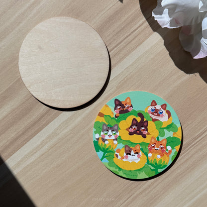 Sunflower Cats Wood Coaster | 4" Water-resistant Round Circle