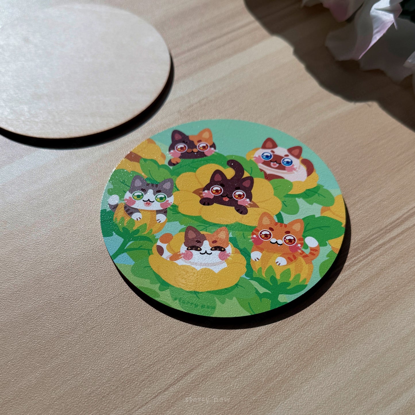 Sunflower Cats Wood Coaster | 4" Water-resistant Round Circle