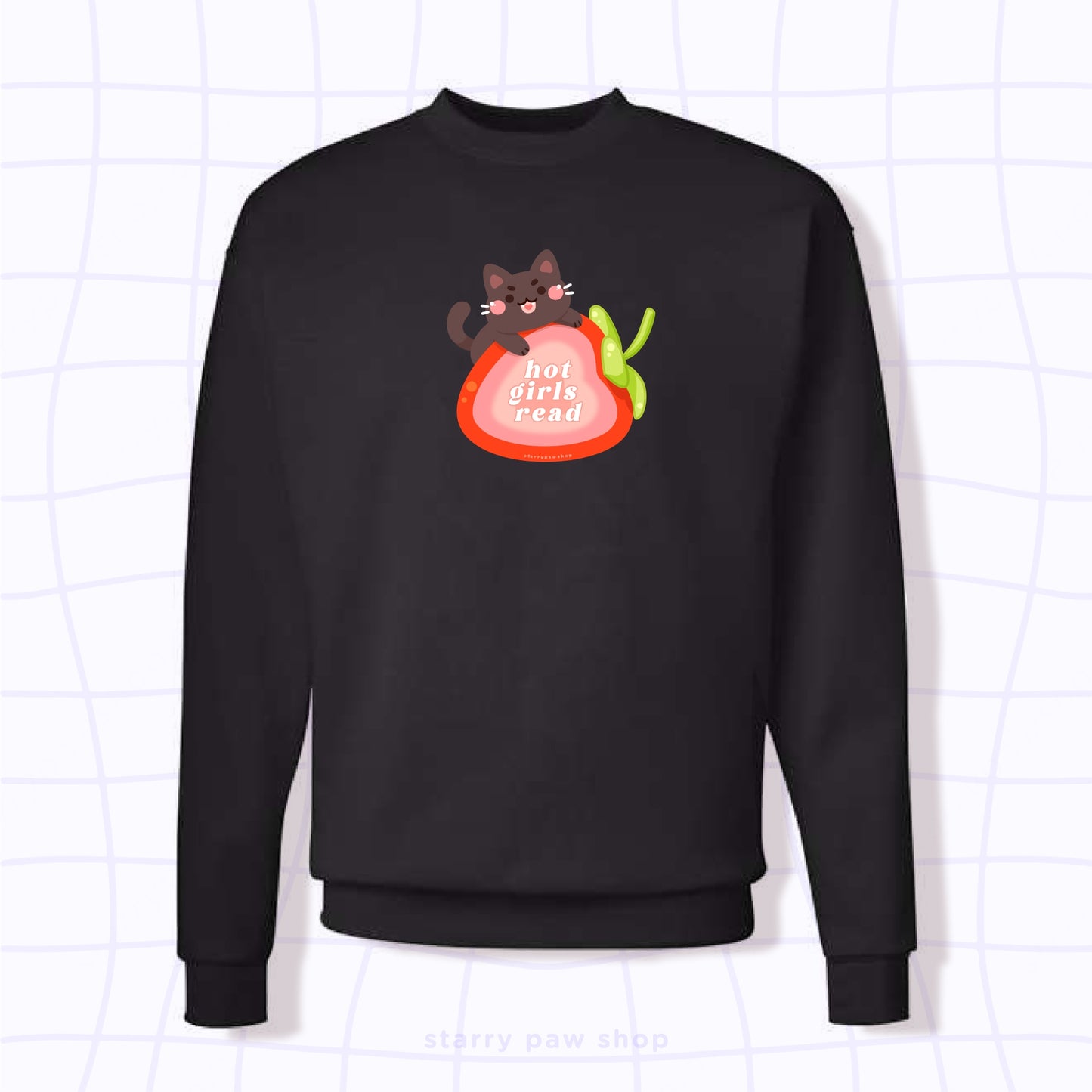 Hot Girls Read Strawberry Cat Sweatshirt S-L | Black / Tan / Pink