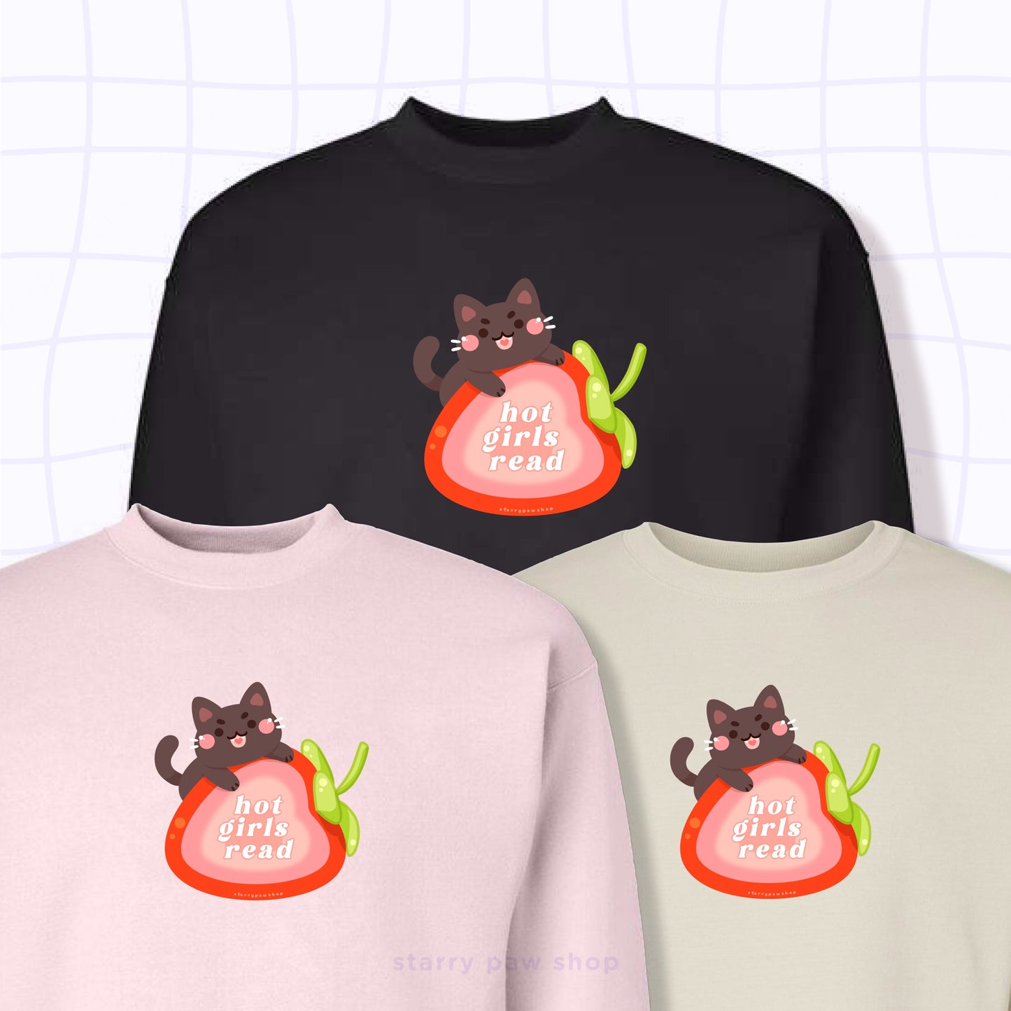 Hot Girls Read Strawberry Cat Sweatshirt S-L | Black / Tan / Pink