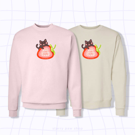 Hot Girls Read Strawberry Cat Sweatshirt S-L Adult sizes