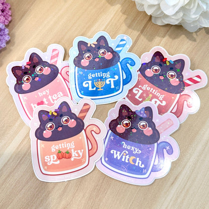 Holiday Cat Mug Magnets or Stickers | 30+ Cat Colors | Christmas, Hanukkah, Halloween, Valentines Day Cat Set gift for Cat moms