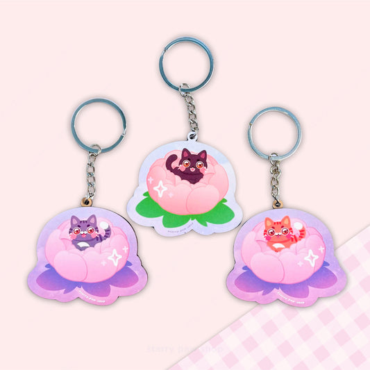 Peony Cat Wood Keychains