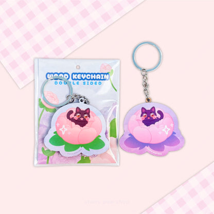 Peony Cat Wood Keychains