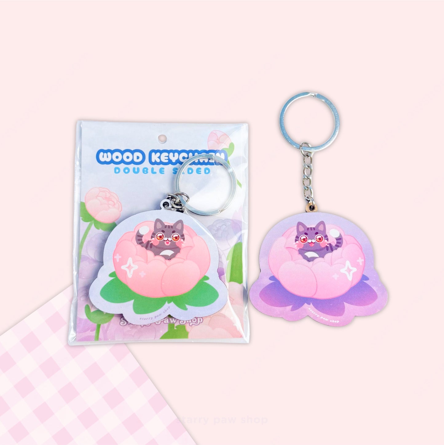 Peony Cat Wood Keychains