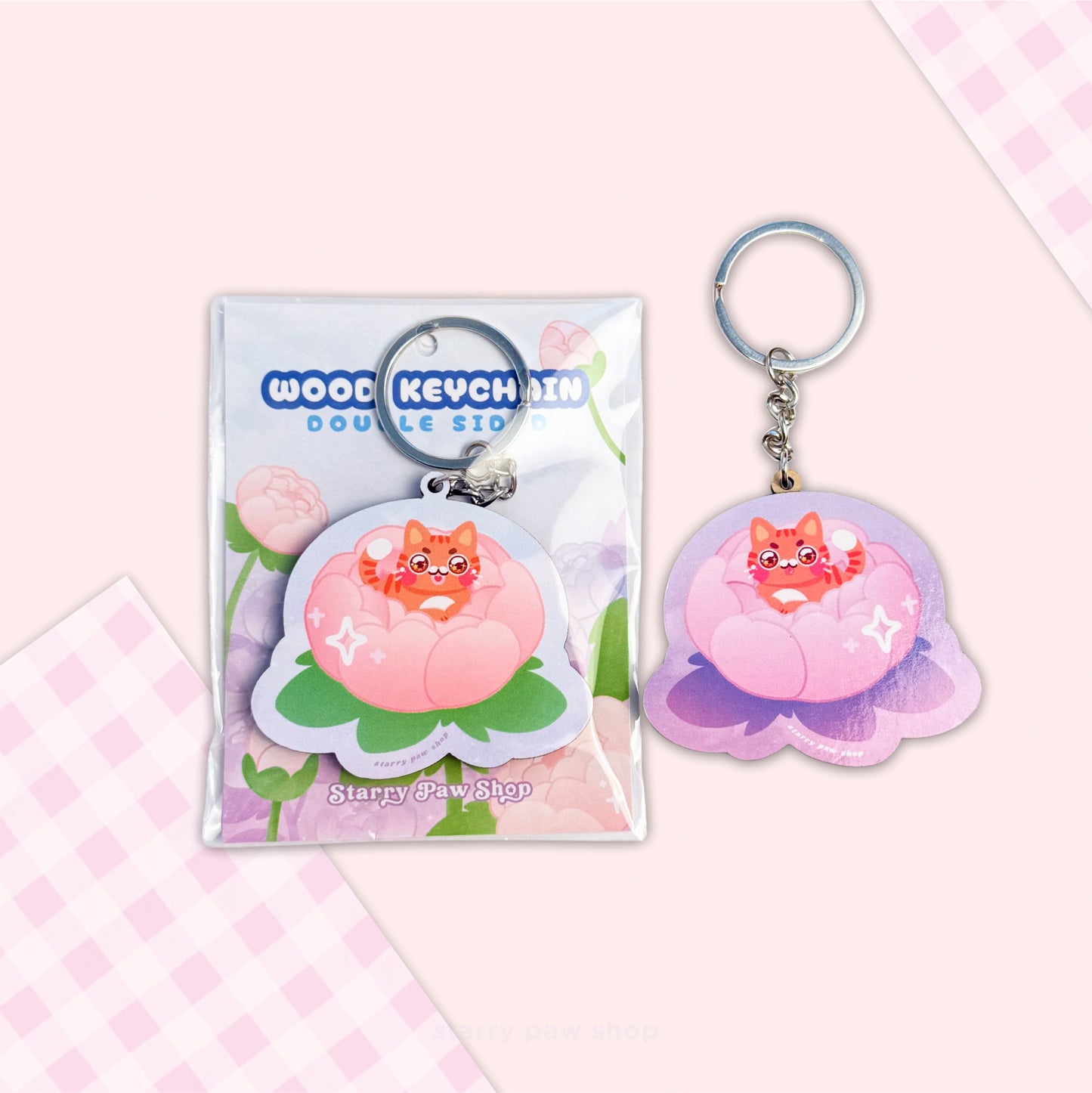 Peony Cat Wood Keychains