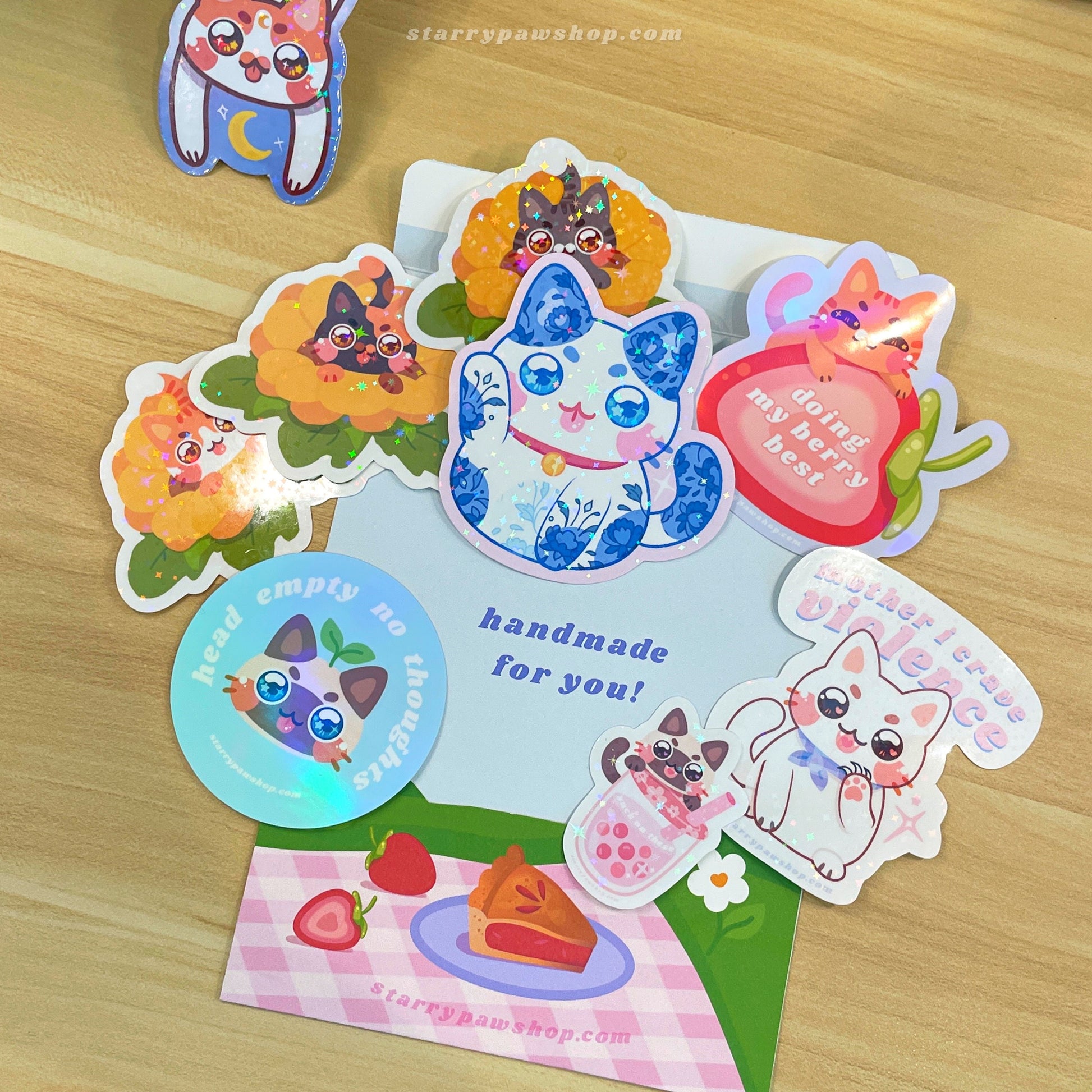 Dango Mochi Cat Stickers Set | 4.5 - 2" Star Holographic Waterproof | cute cats, kawaii cat gifts, strawberry cat matcha japanese sweets
