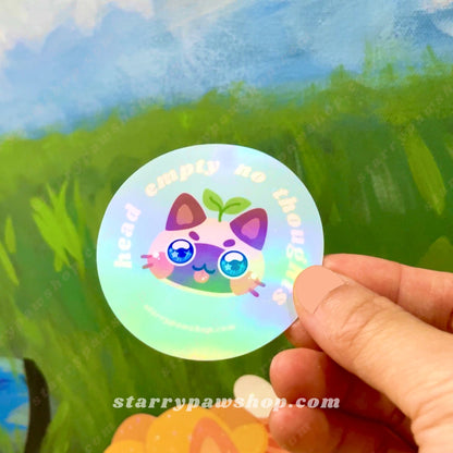 Head Empty No Thoughts Sprout Cat Sticker in Pink / Blue| 2.5" Waterproof Rainbow Holographic Sticker