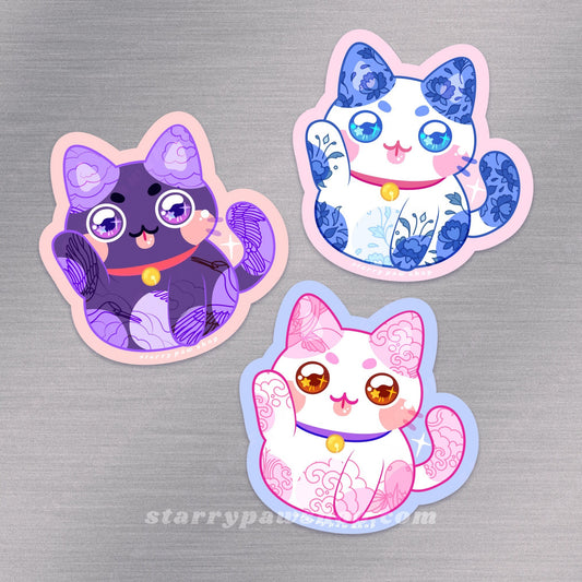 Lucky cat magnets in blue floral porcelain, purple crane and pink wave designs for fridge, whiteboard, dishwasher