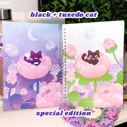 Peony Flower Reusable Sticker Book in Black Cat + Tuxedo Cat **Special Edition | A5 5.8 x 8" 100 pages sticker paper