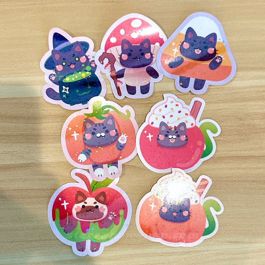 Halloween Cat Magnets / Stickers | 40+ Cat Colors | Star Holo Waterproof Die Cut - Witch Cat, Candy Corn, Poison Apple, Pumpkin Cats,