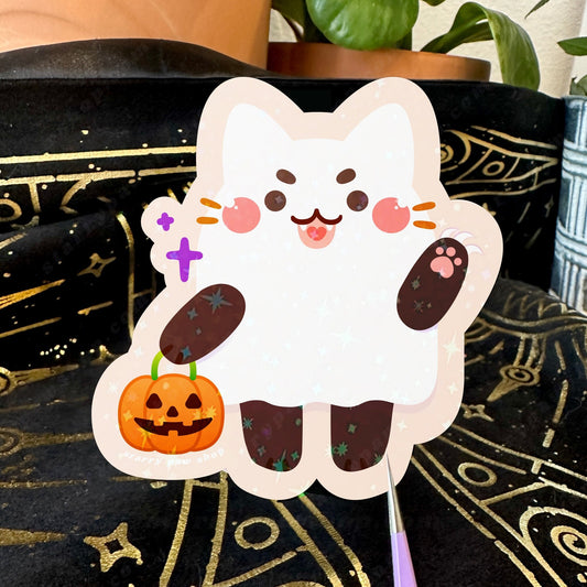 Ghost Cat Magnets / Stickers | 8 Cat Colors | Star Holo Waterproof Die Cut - Whiteboard Magnet or Ghostie Cat Sticker